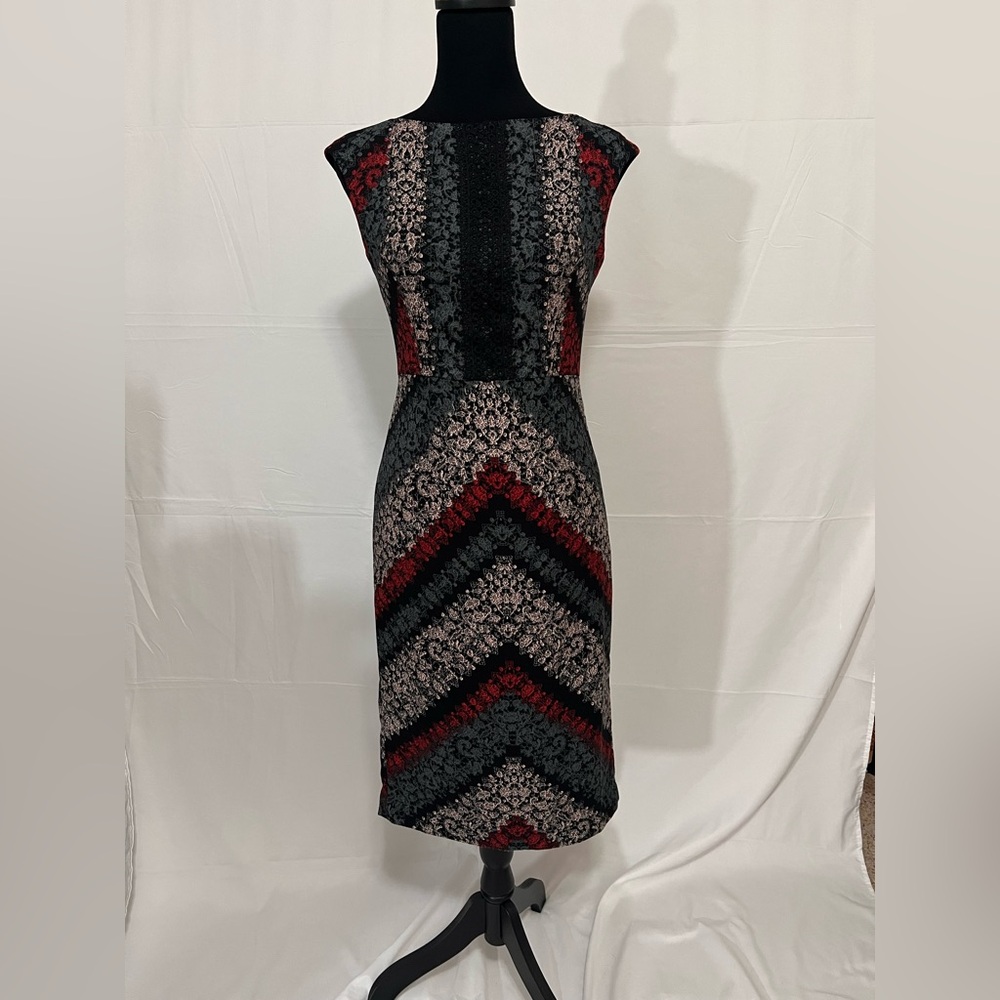 Maggy London Black and Red Chevron Midi Dress